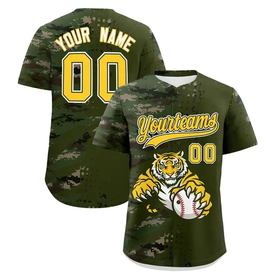 Olive Camo Gold Full-Snap Tiger Graffiti Baseball Jersey