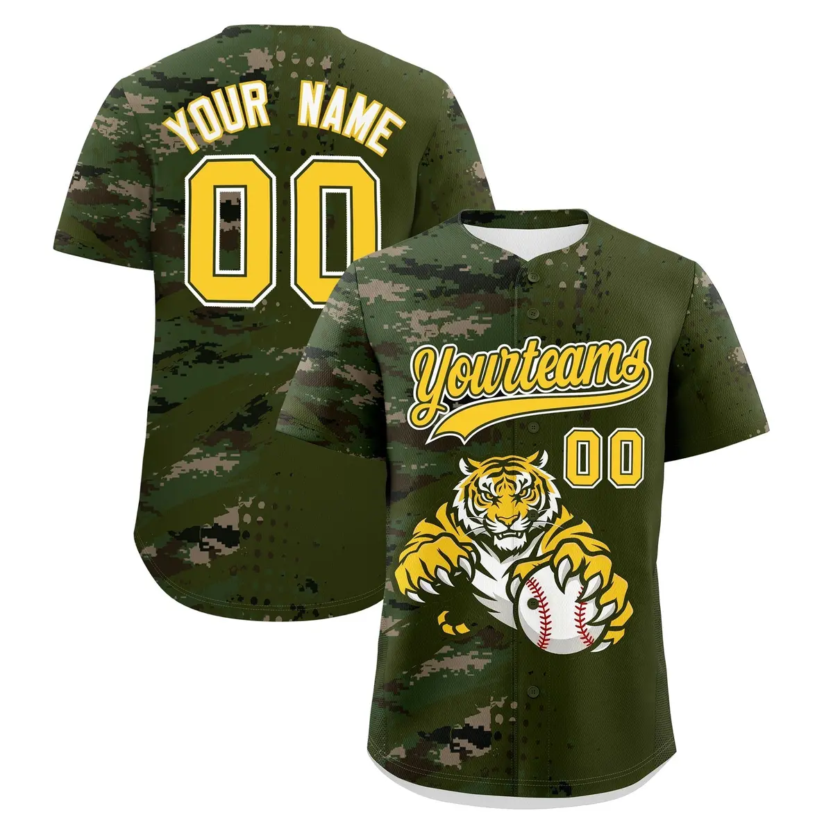 Olive Camo Gold Full-Snap Tiger Graffiti Baseball Jersey