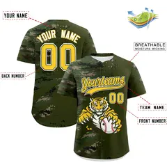 Olive Camo Gold Full-Snap Tiger Graffiti Baseball Jersey 2