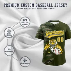 Olive Camo Gold Full-Snap Tiger Graffiti Baseball Jersey 3