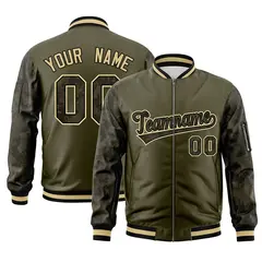 Olive Camo Raglan Varsity Full-Zip Letterman Bomber Jacket 1