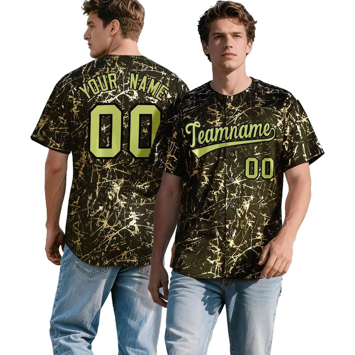 Olive Champagne Black & Gold Marble Print Streetwear Baseball Jersey
