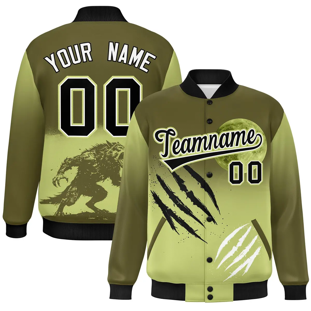 Olive Champagne Black Halloween Skeleton Varsity Jacket Stretch Fabric