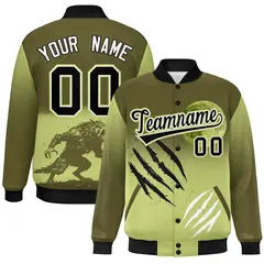 Olive Champagne Black Halloween Skeleton Varsity Jacket Stretch Fabric