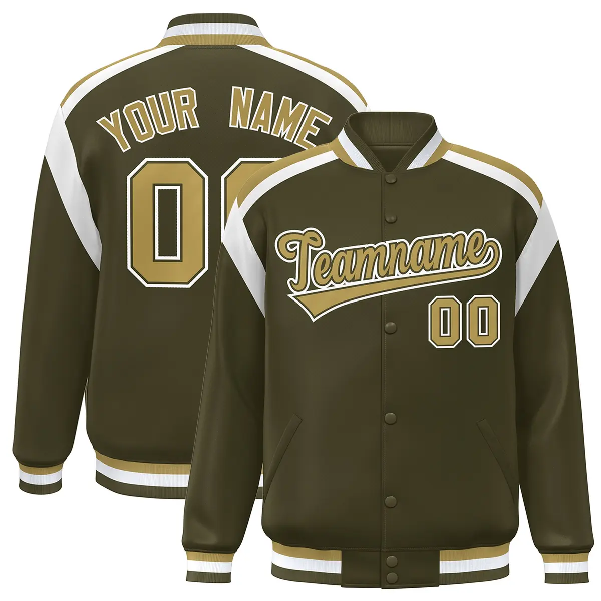 Olive Color Block Varsity Full-Snap Letterman Jacket