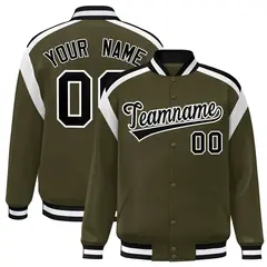 Olive Color Block Varsity Full-Snap Letterman Jacket