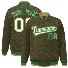 Olive Cream-Old Gold Stripe Graffiti Pattern Varsity Full-Snap Jacket