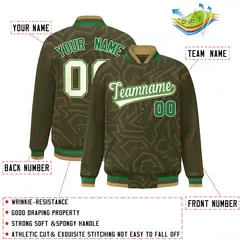 Olive Cream-Old Gold Stripe Graffiti Pattern Varsity Full-Snap Jacket 2