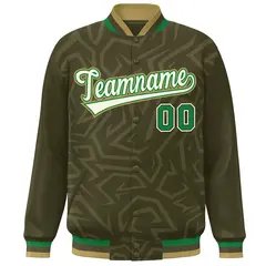 Olive Cream-Old Gold Stripe Graffiti Pattern Varsity Full-Snap Jacket 3