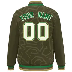 Olive Cream-Old Gold Stripe Graffiti Pattern Varsity Full-Snap Jacket 4