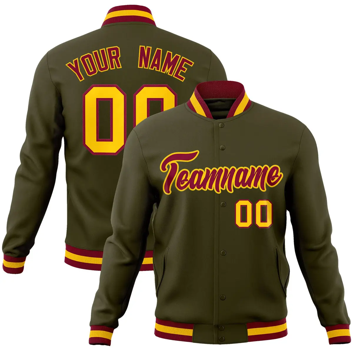 Olive Crimson-Gold Varsity Full-Snap Letterman Jacket