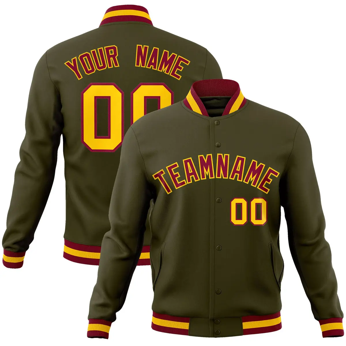 Olive Crimson-Gold Varsity Full-Snap Letterman Jacket