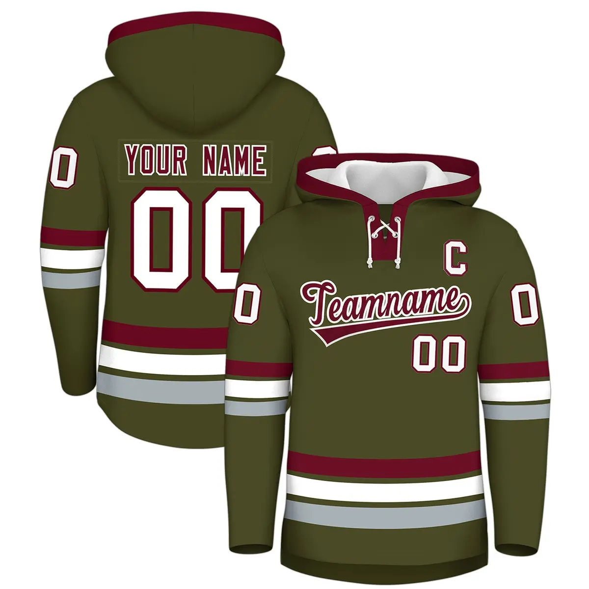 Olive Crimson Lace-Up Neck Hockey Hoodie