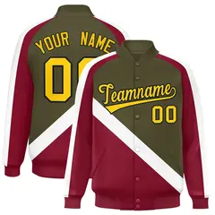Olive Crimson Raglan Varsity Full-Snap Letterman Baseball Jacket 1