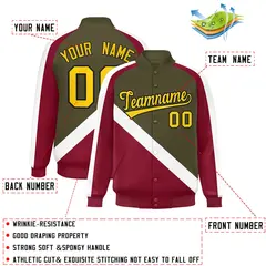 Olive Crimson Raglan Varsity Full-Snap Letterman Baseball Jacket 2