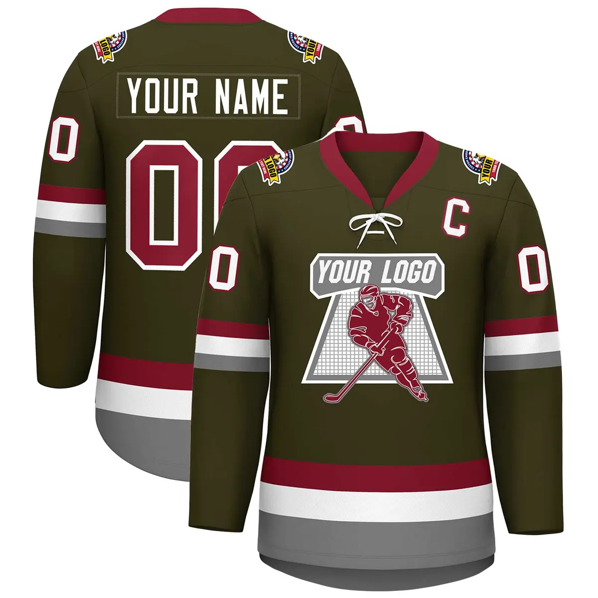 Olive Crimson-White Lace-Up Neck Hockey Jersey