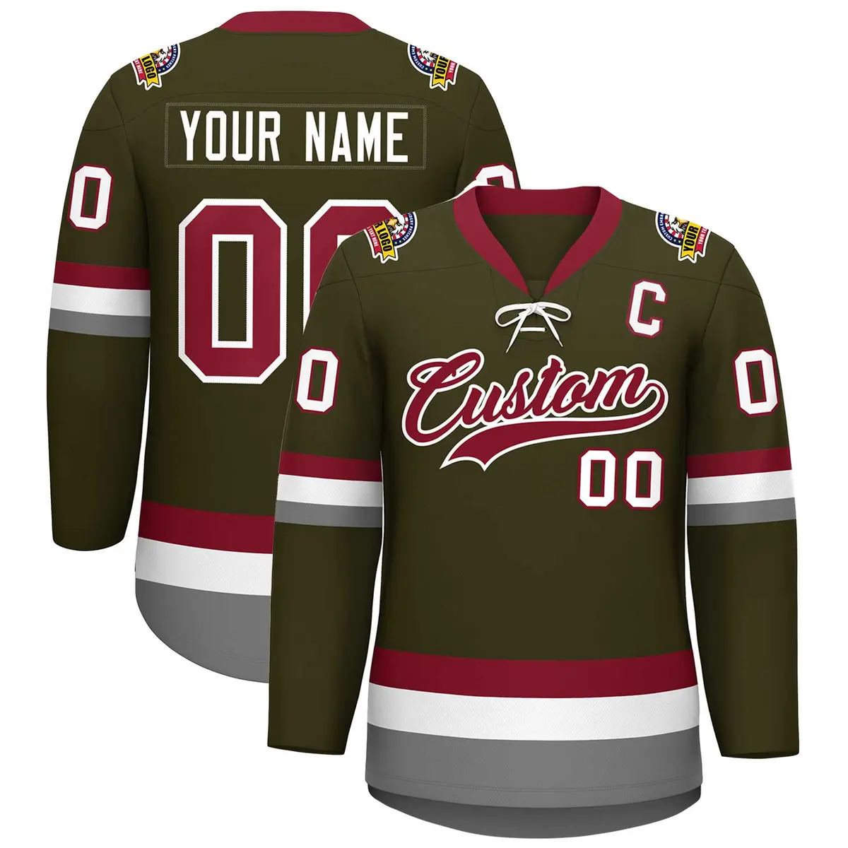 Olive Crimson-White Lace-Up Neck Hockey Jersey