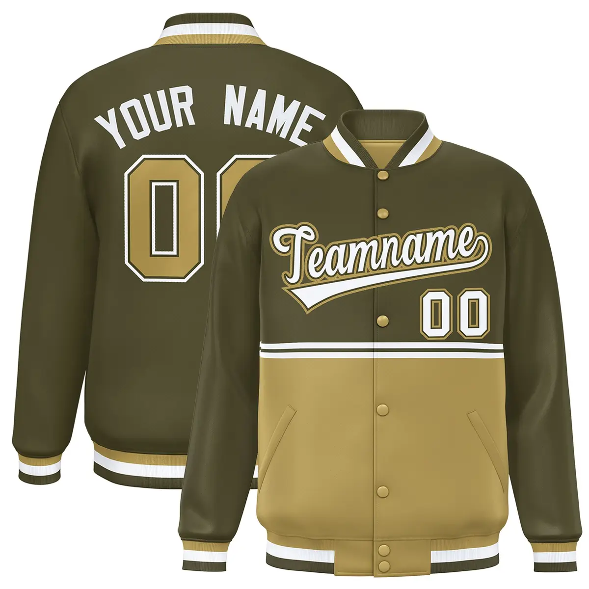 Olive Desert Yellow Color Block Varsity Full-Snap Letterman Jacket