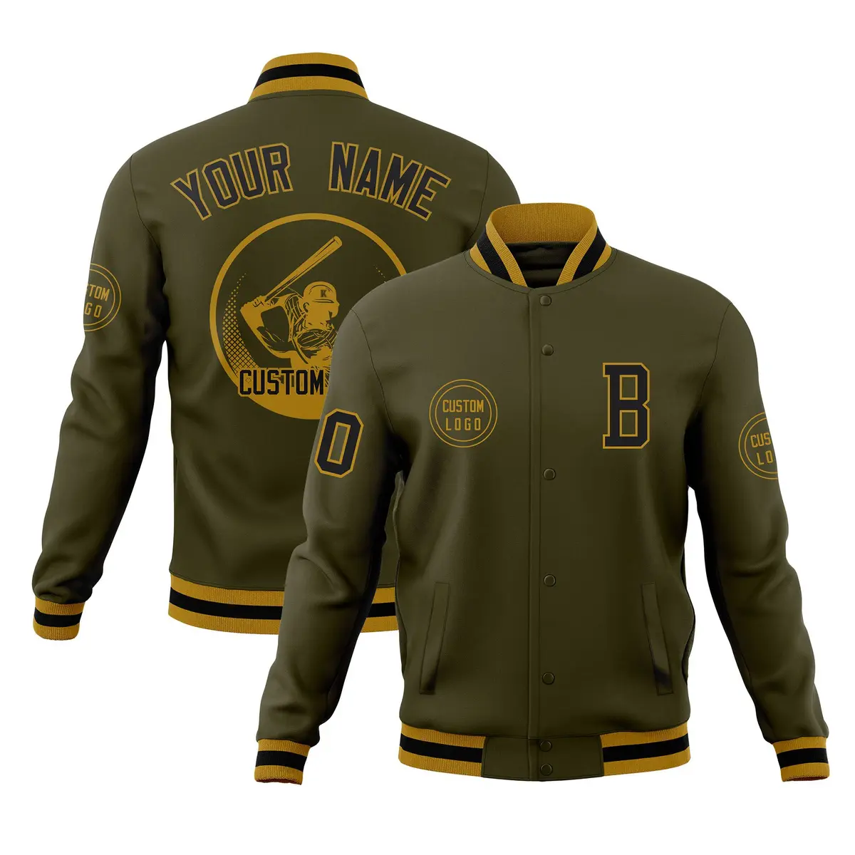 Olive Full-Snap Varsity Letterman Baseball Jacket