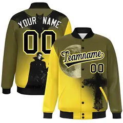 Olive Gold Black Halloween Skeleton Graffiti Varsity Jacket