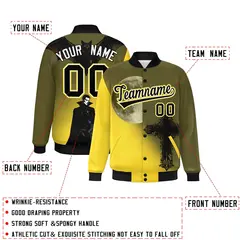 Olive Gold Black Halloween Skeleton Graffiti Varsity Jacket 2