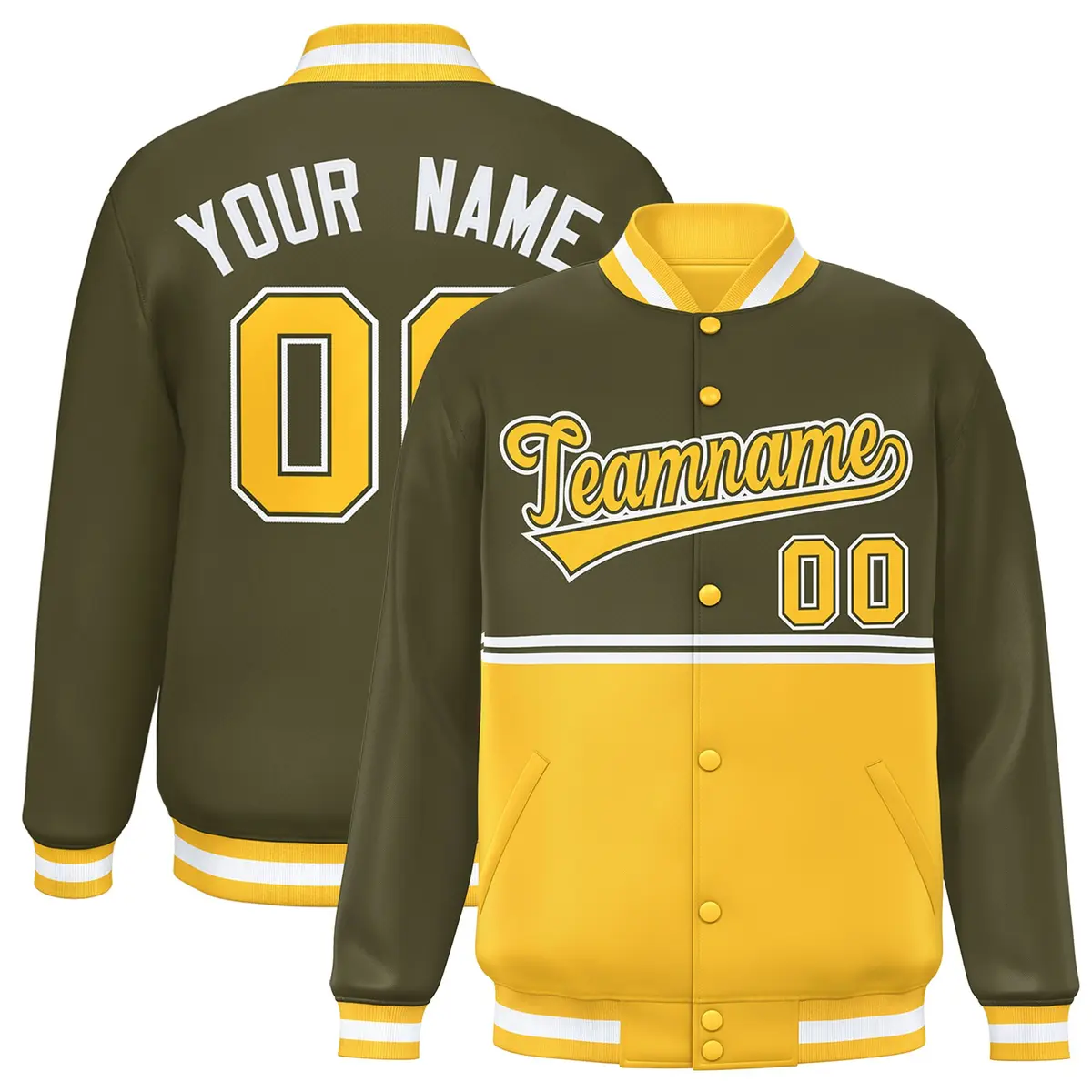 Olive Gold Color Block Varsity Full-Snap Letterman Jacket