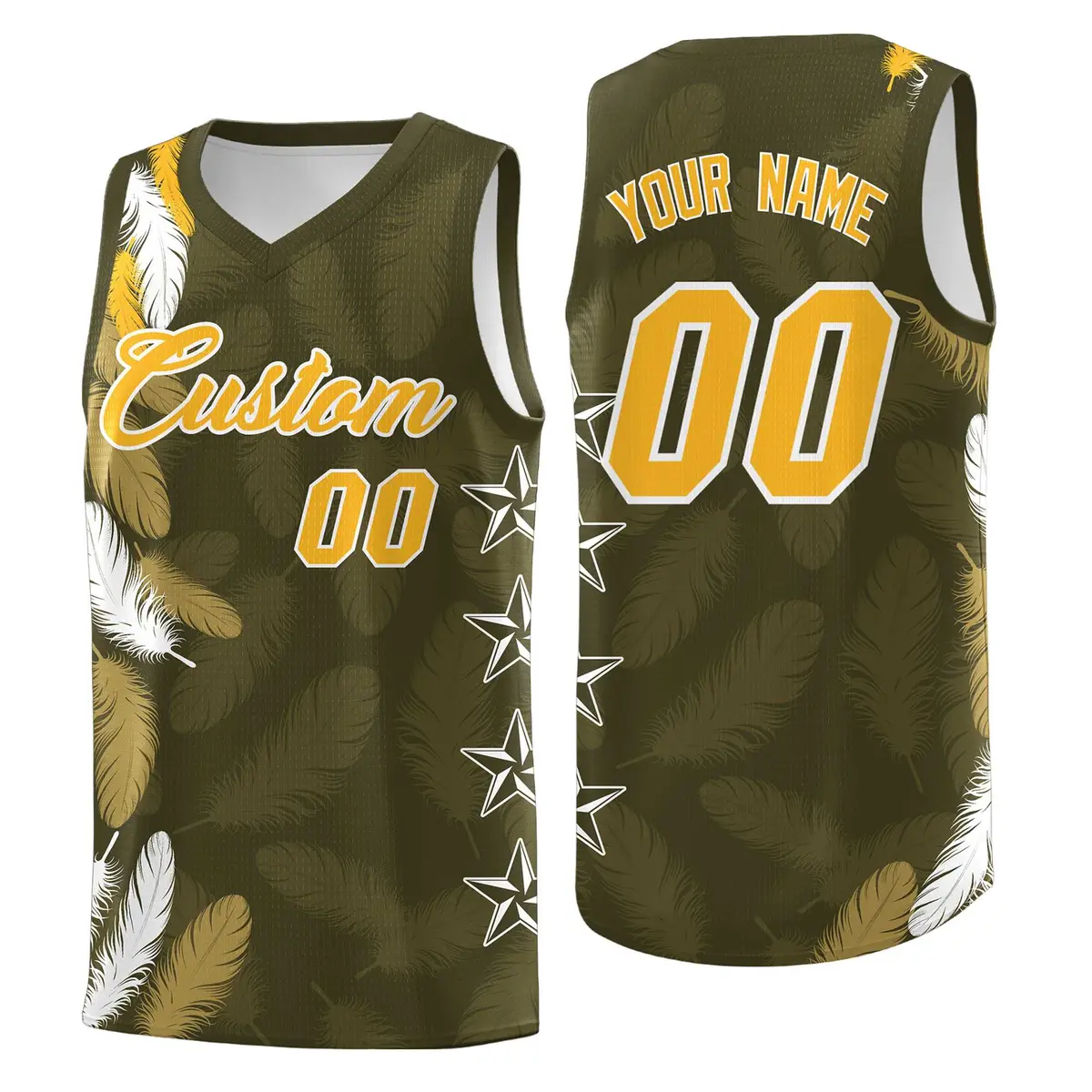 Olive Gold Feather Graffiti Pattern Basketball Jersey