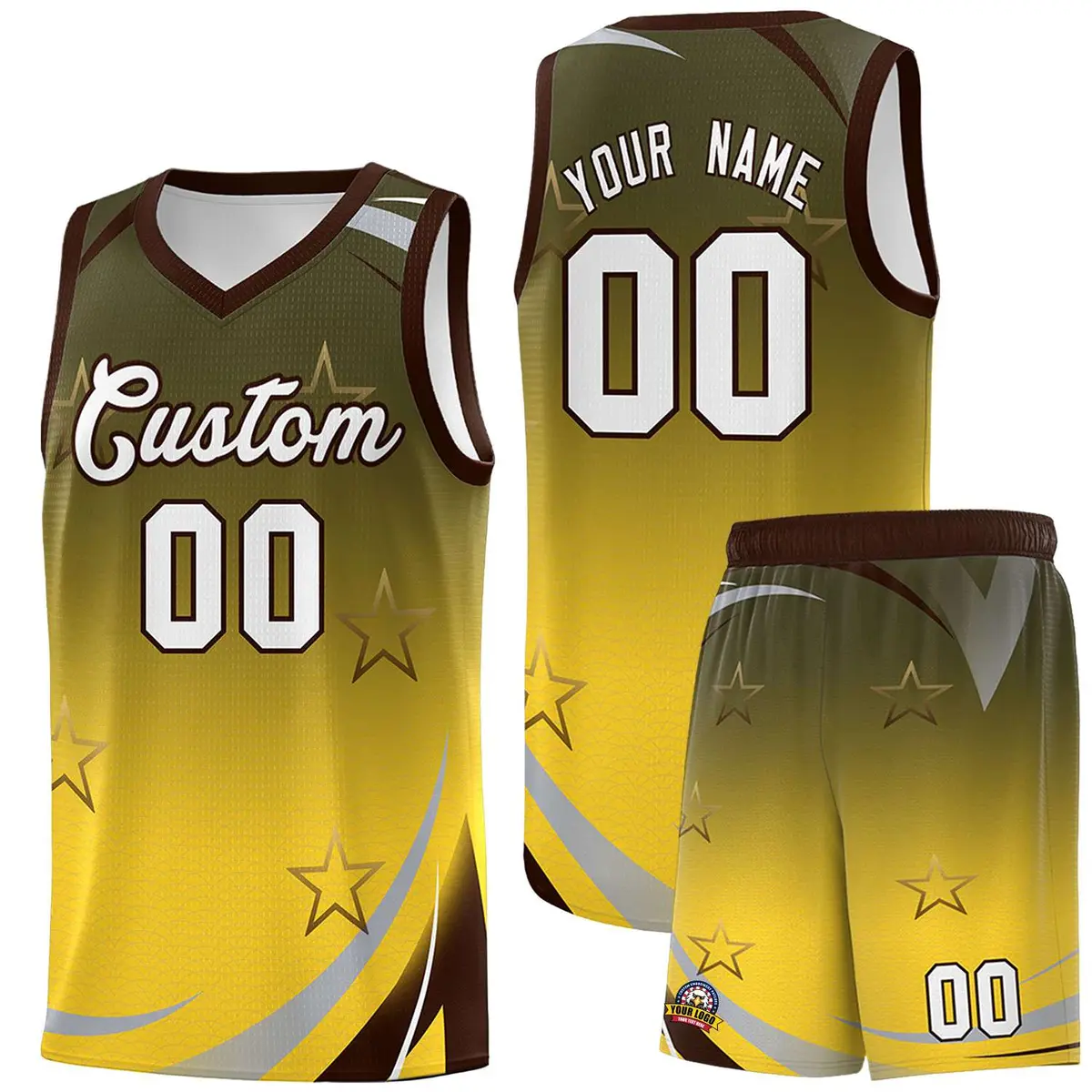 Olive Gold Gradient Star Graffiti Pattern Basketball Jersey