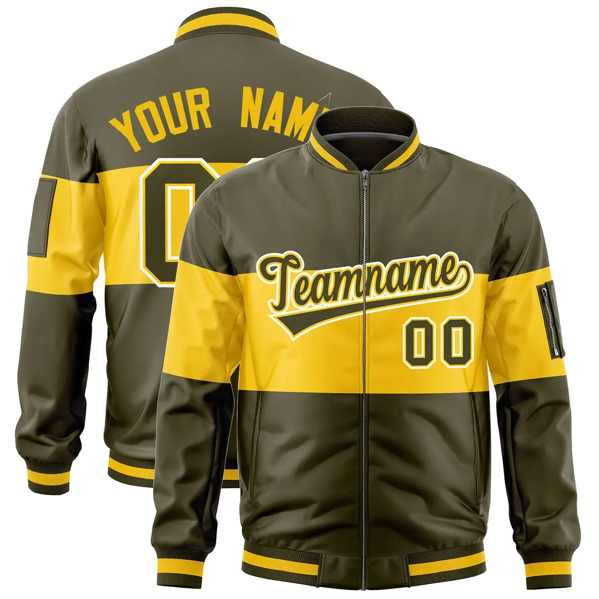 Olive Gold-Olive Color Block Full-Zip Varsity Letterman Bomber Jacket
