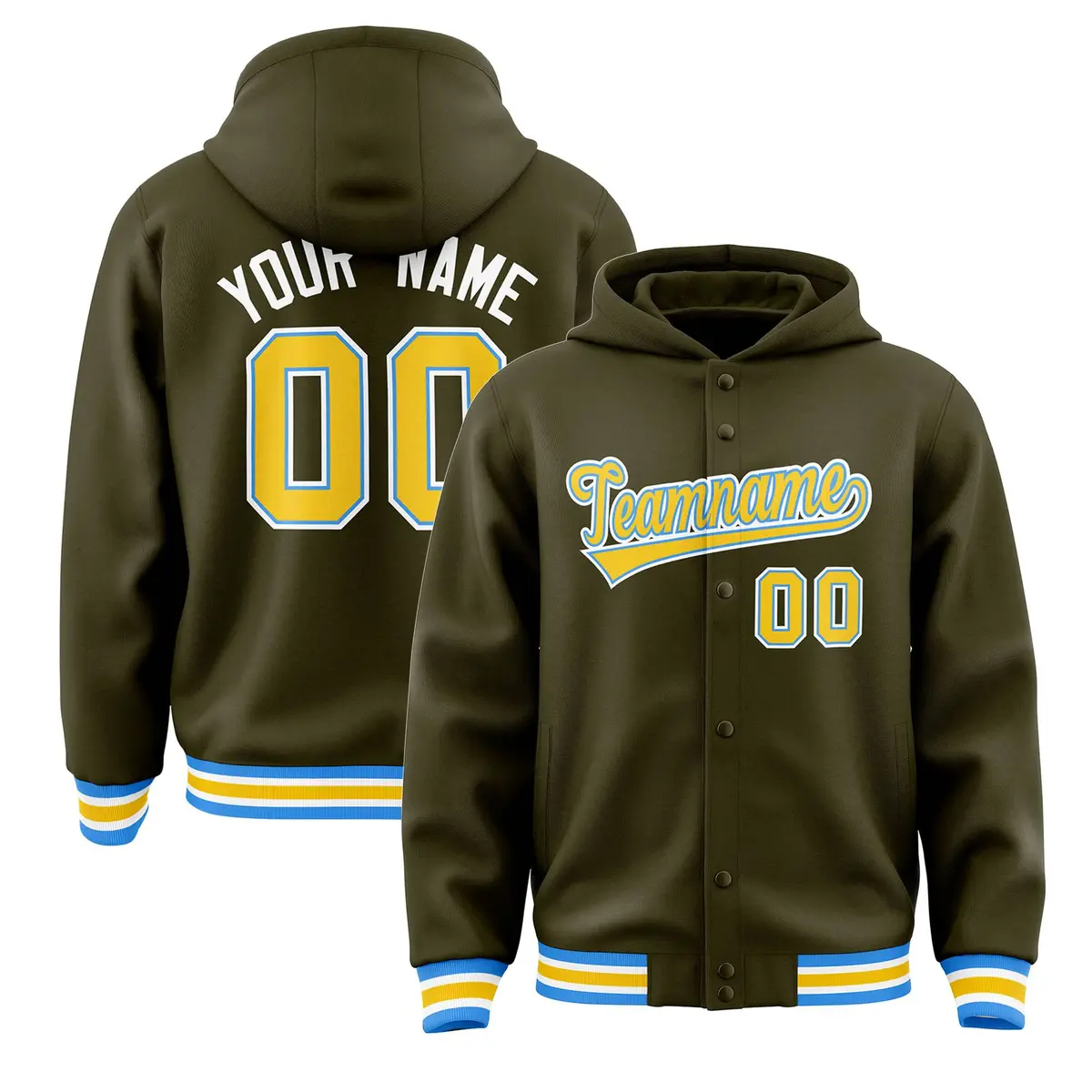 Olive Gold-Powder Blue Varsity Letterman Hoodie Jacket
