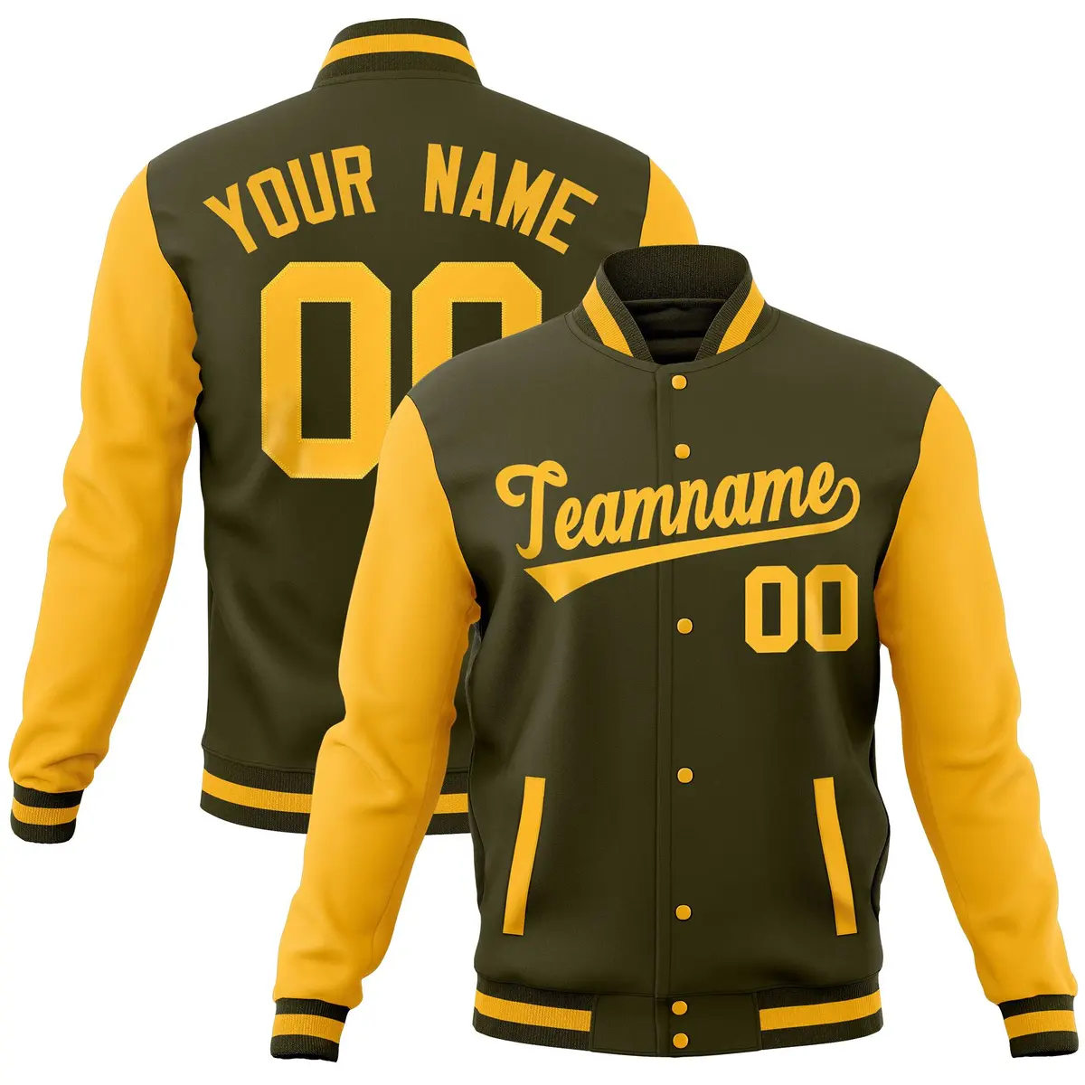 Olive Gold Raglan Full-Snap Varsity Letterman Jacket