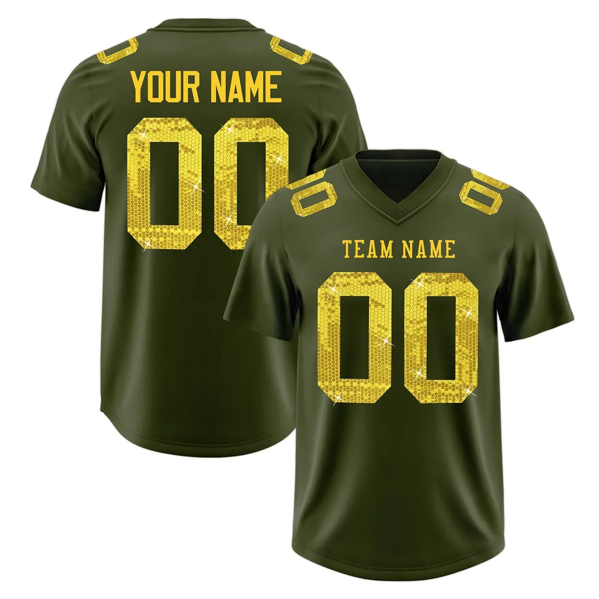 Olive Gold Sequin Lettering Football Jersey