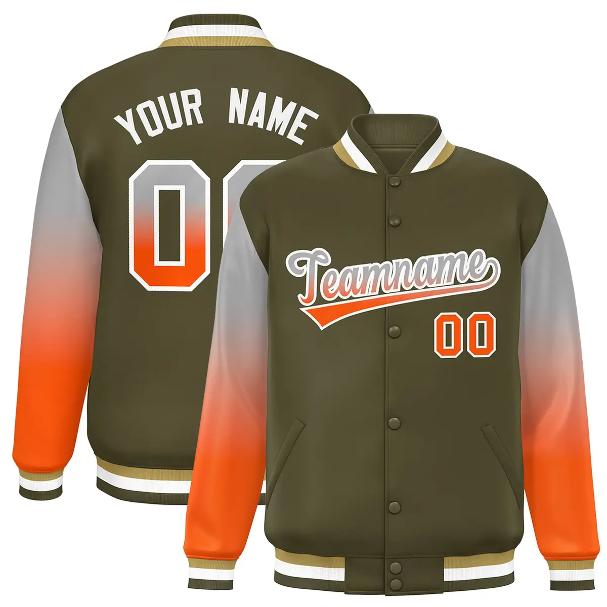 Olive Gray-Orange Gradient Varsity Full-Snap Raglan Baseball Jacket