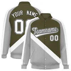 Olive Gray Raglan Full-Snap Letterman Baseball Jacket 1