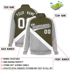 Olive Gray Raglan Full-Snap Letterman Baseball Jacket 2