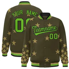 Olive Green-Black Star Graffiti Varsity Full-Snap Bomber Jacket