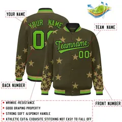 Olive Green-Black Star Graffiti Varsity Full-Snap Bomber Jacket 2