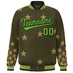 Olive Green-Black Star Graffiti Varsity Full-Snap Bomber Jacket 3