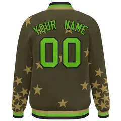 Olive Green-Black Star Graffiti Varsity Full-Snap Bomber Jacket 4