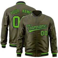 Olive Green-Navy Full-Zip Varsity Letter Bomber Jacket