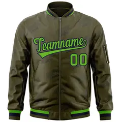 Olive Green-Navy Full-Zip Varsity Letter Bomber Jacket 3