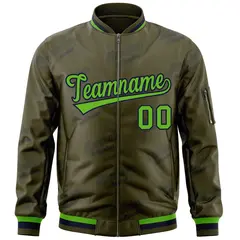 Olive Green-Navy Full-Zip Varsity Letter Bomber Jacket 3
