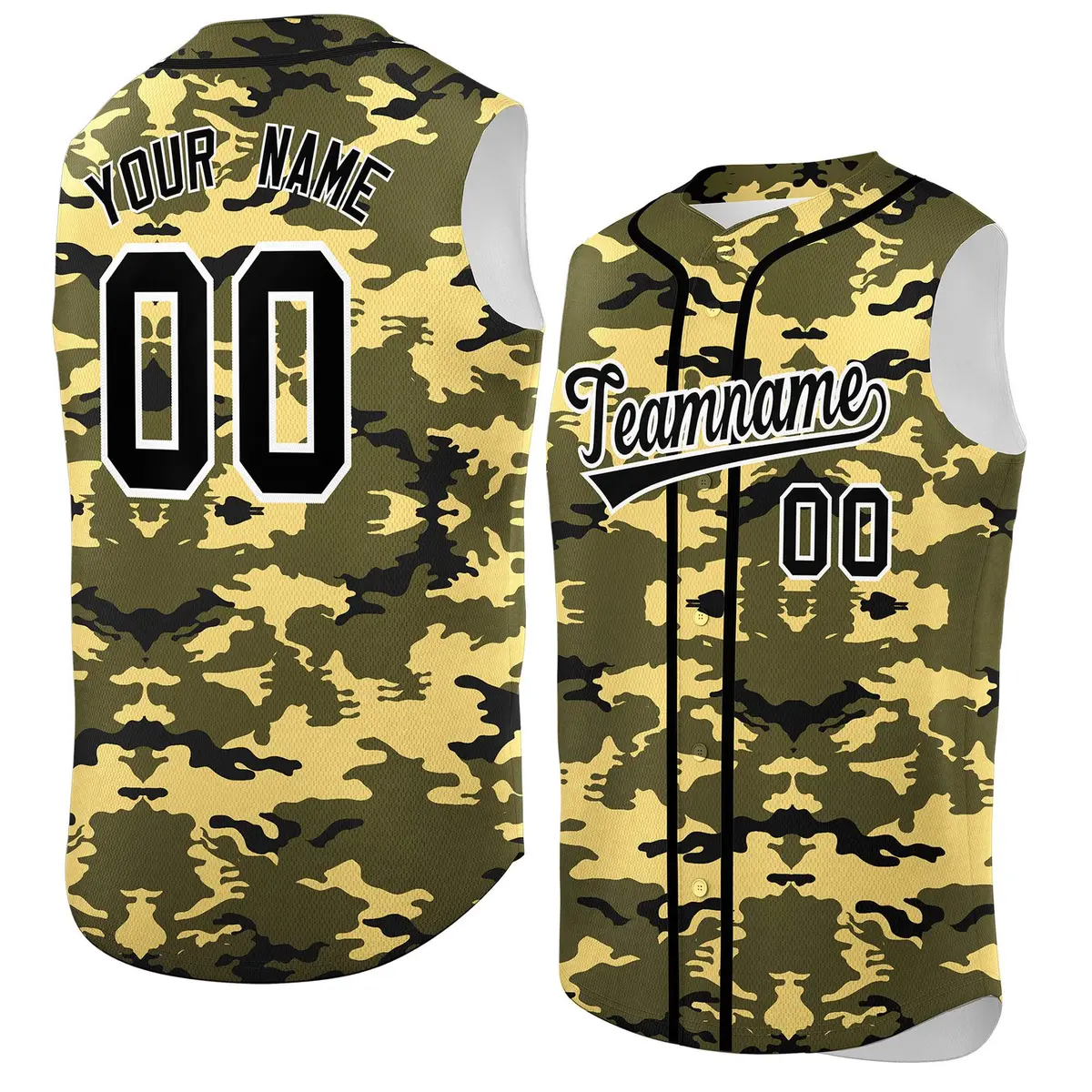 Olive Khaki Black Camo Sleeveless Baseball Jersey