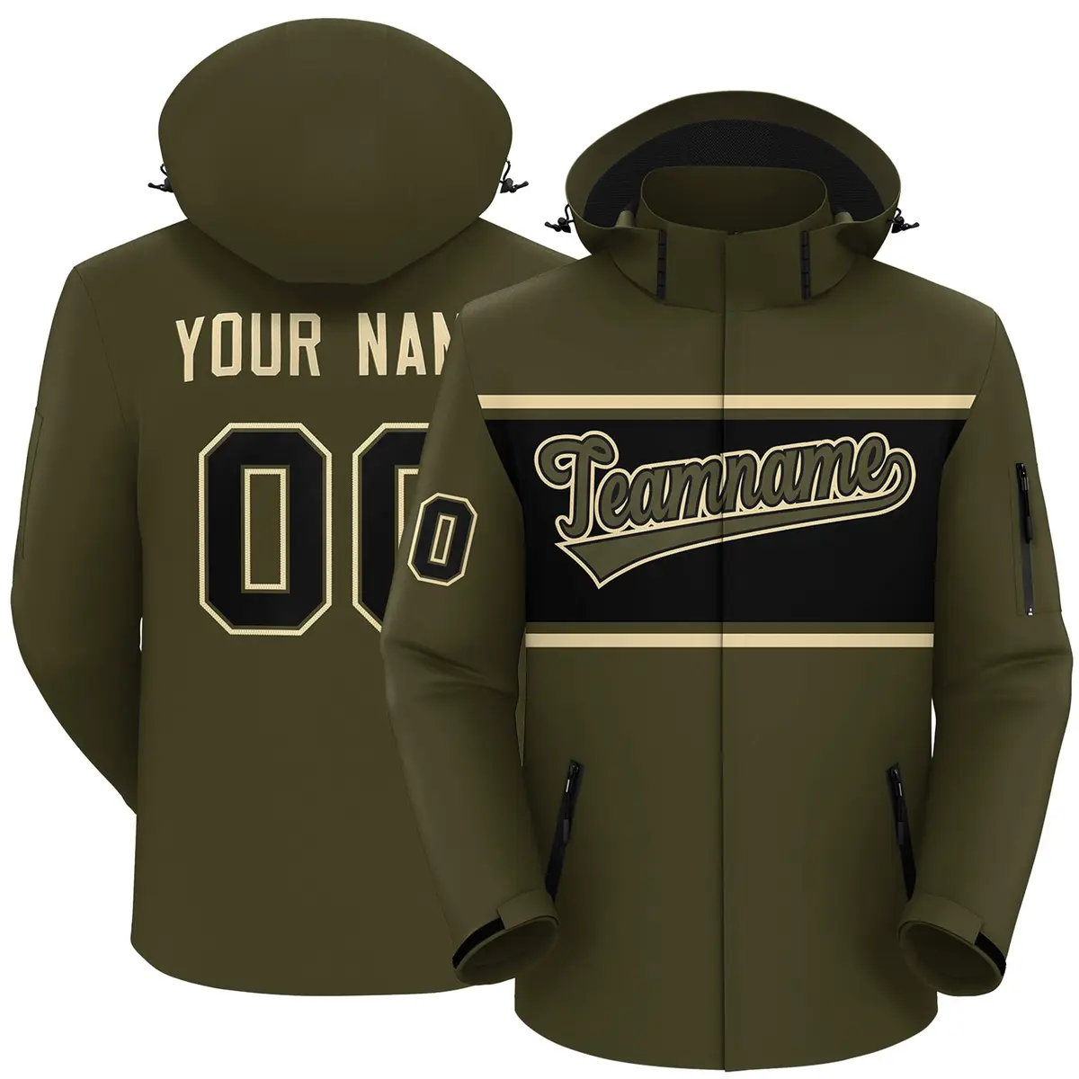 Olive Khaki-Black Color Block Hooded Waterproof Jacket