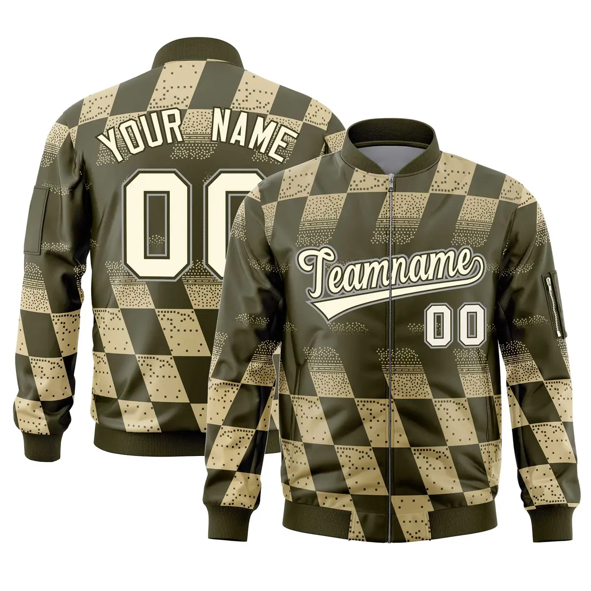Olive Khaki Grid Color Block Letterman Varsity Bomber Jacket