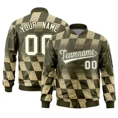 Olive Khaki Grid Color Block Letterman Varsity Bomber Jacket
