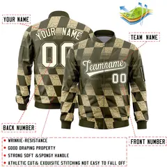 Olive Khaki Grid Color Block Letterman Varsity Bomber Jacket 2