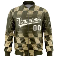 Olive Khaki Grid Color Block Letterman Varsity Bomber Jacket 3