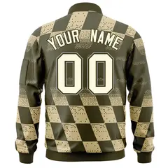 Olive Khaki Grid Color Block Letterman Varsity Bomber Jacket 4