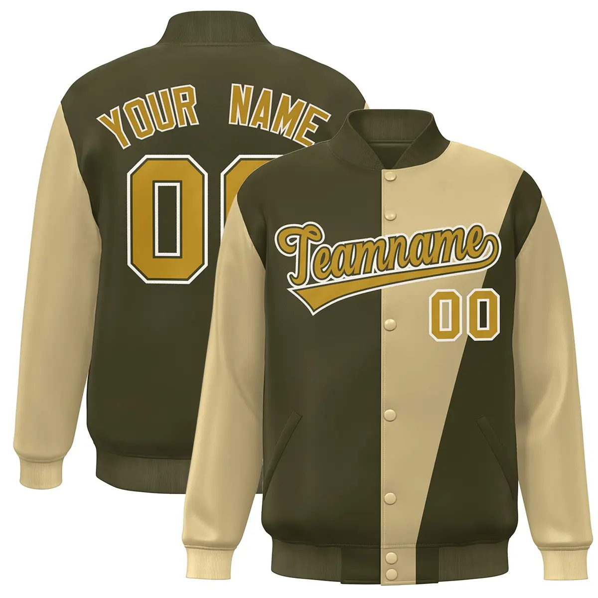 Olive Khaki-Old Gold Color Block Varsity Full-Snap Bomber Jacket